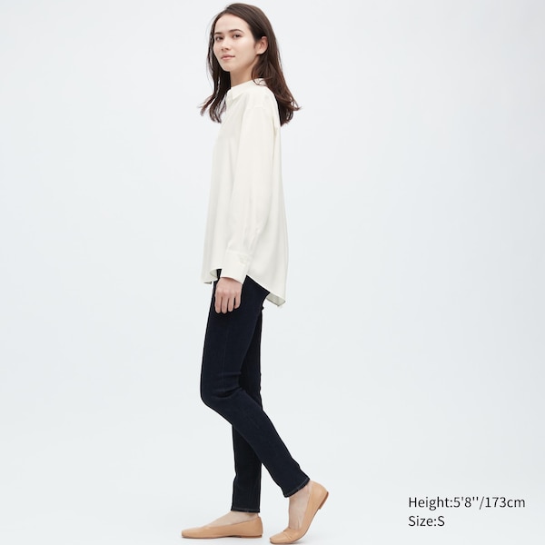 White Women Uniqlo Satin Long-Sleeve Shirts | 0587-MOBQP