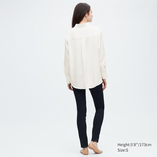 White Women Uniqlo Satin Long-Sleeve Shirts | 0587-MOBQP