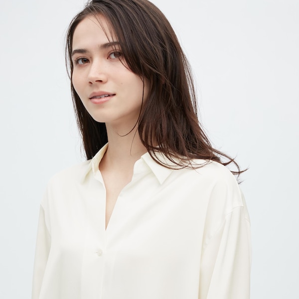 White Women Uniqlo Satin Long-Sleeve Shirts | 0587-MOBQP