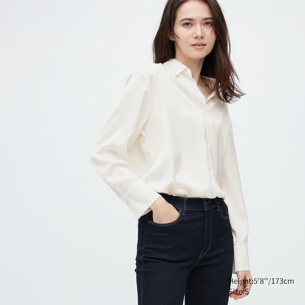 White Women Uniqlo Satin Long-Sleeve Shirts | 0587-MOBQP