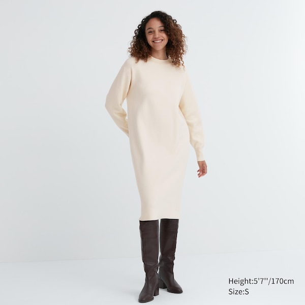 White Women Uniqlo Souffle Yarn Long-Sleeve Dress | 4031-ZRNUY