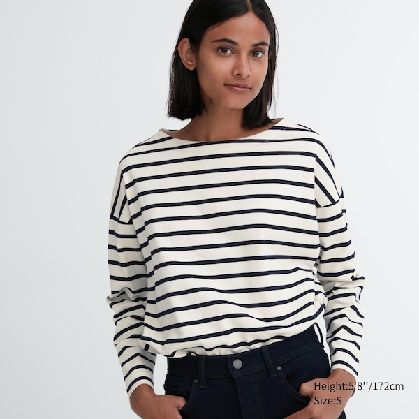 White Women Uniqlo Striped Long-Sleeve T Shirts | 9538-NTVUH