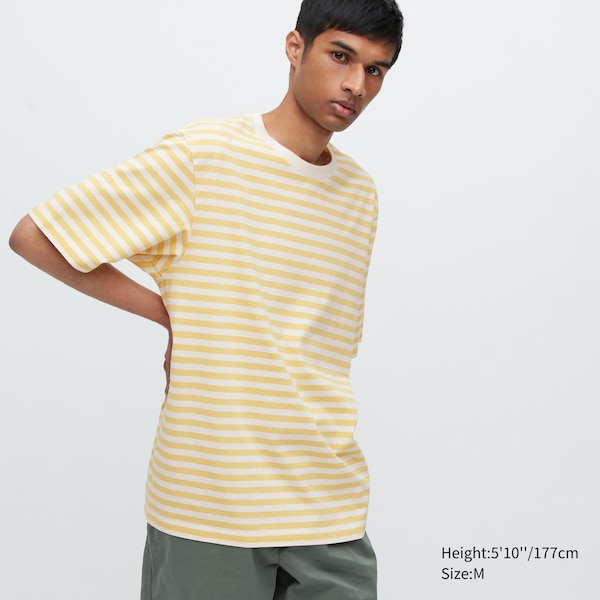 Yellow Men Uniqlo Oversized Striped Half-Sleeve T Shirts | 7504-INPHL