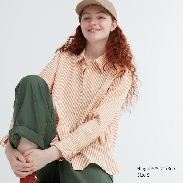 Yellow Women Uniqlo Cotton Striped Long-Sleeve Shirts | 1287-LIRDE