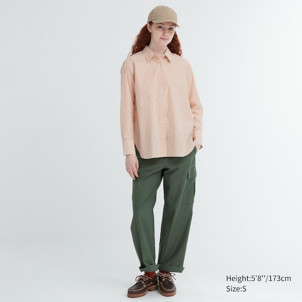 Yellow Women Uniqlo Cotton Striped Long-Sleeve Shirts | 1287-LIRDE