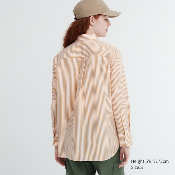 Yellow Women Uniqlo Cotton Striped Long-Sleeve Shirts | 1287-LIRDE