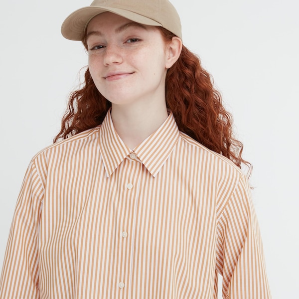 Yellow Women Uniqlo Cotton Striped Long-Sleeve Shirts | 1287-LIRDE