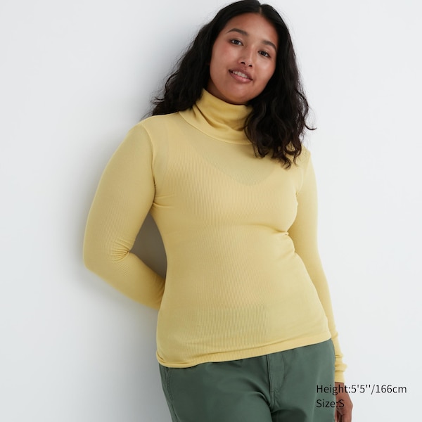 Yellow Women Uniqlo HEATTECH Extra Warm Seamless Ribbed Turtleneck Long-Sleeve T Shirts | 9604-TMBZF